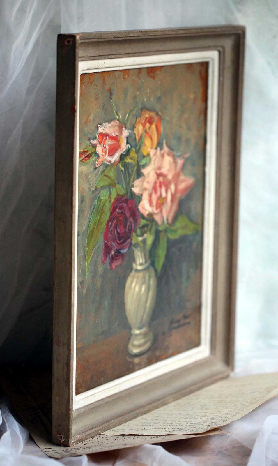 photo vinterior Original Oil Painting Still Life Framed Roses Floral Art Signed Albert Danet
