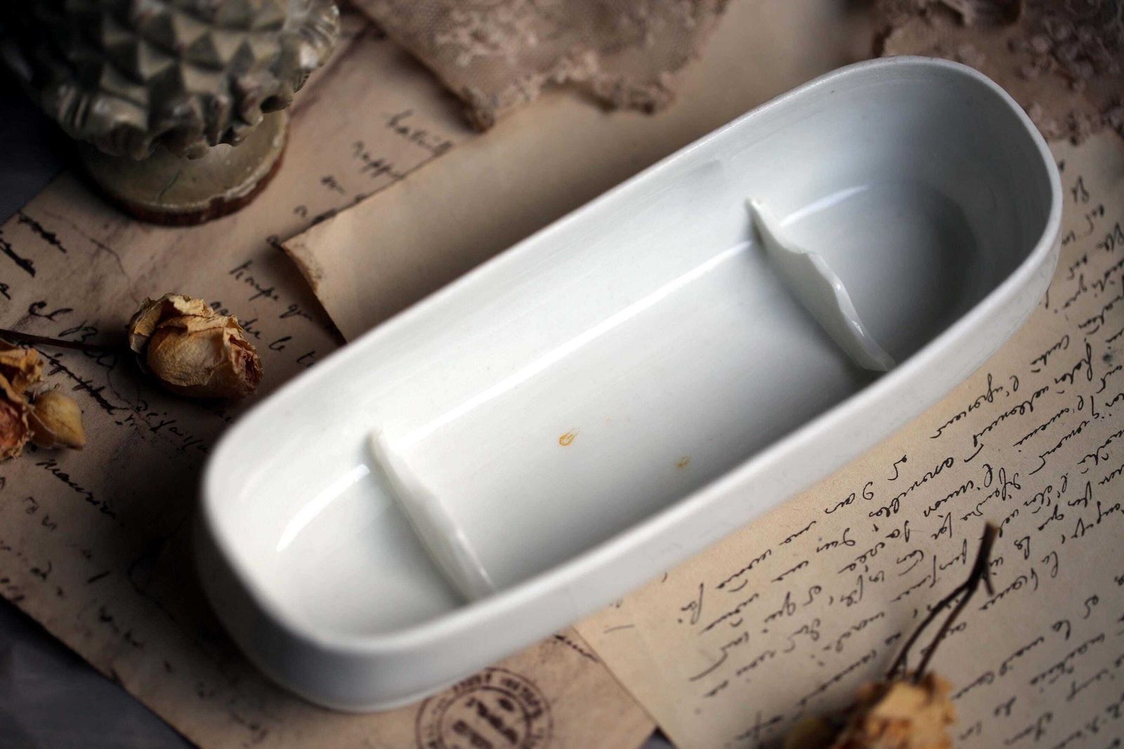 Antique French Razor Box Holder White Porcelain Pot Bathroom Storage Dish photo buy