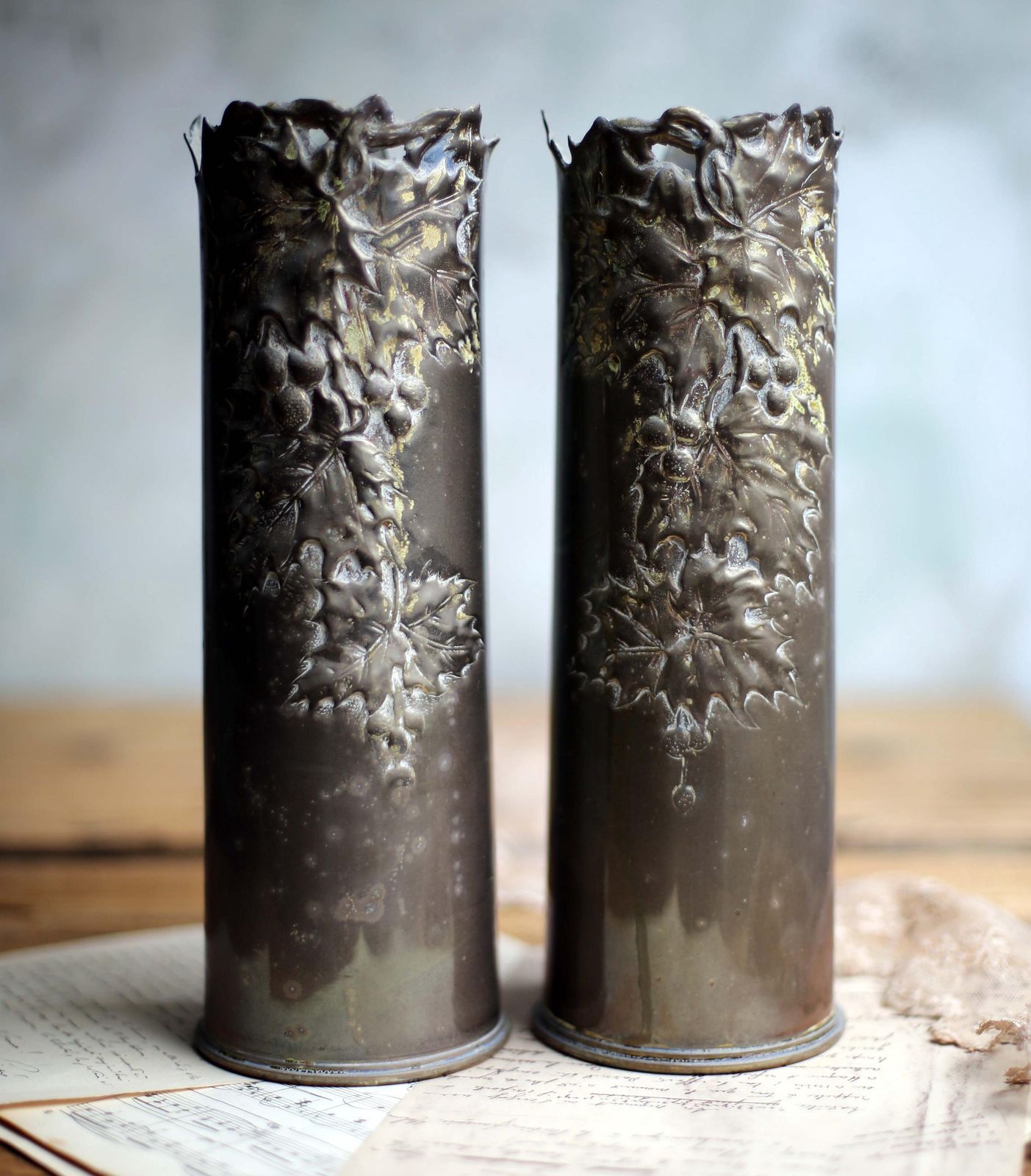Pair Of British Antique Trench Art Vases Brass 18 Pounder Artillery Shell Cases Ww1 Holly photo Home Decor