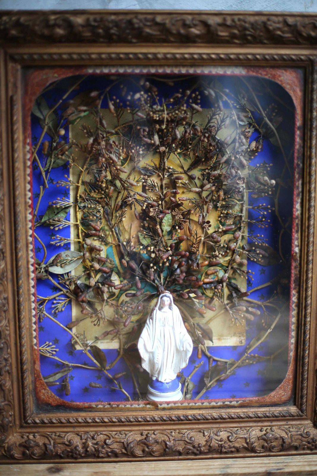 Antique French Framed Madonna Porcelain Virgin Mary Statue In A Glass Case Reliquary Display Box photo 135.0