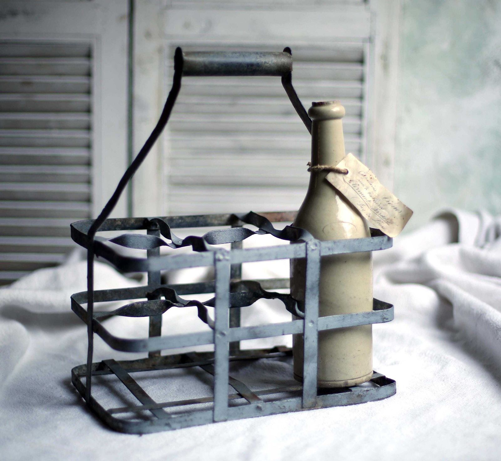 Antique French Metal 6 Wine Bottle Carrier Metal Basket Industrial Style photo furniture