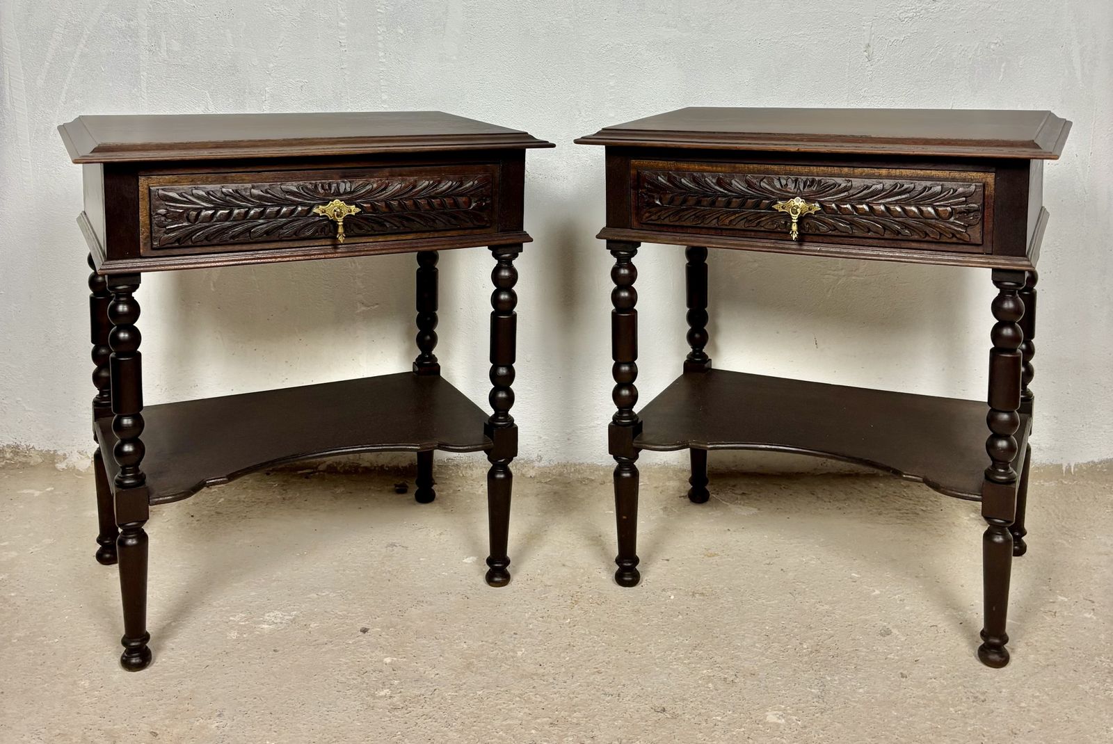 Pair Of Spanish Bedside Tables With Carved Drawers, 1930s photo furniture