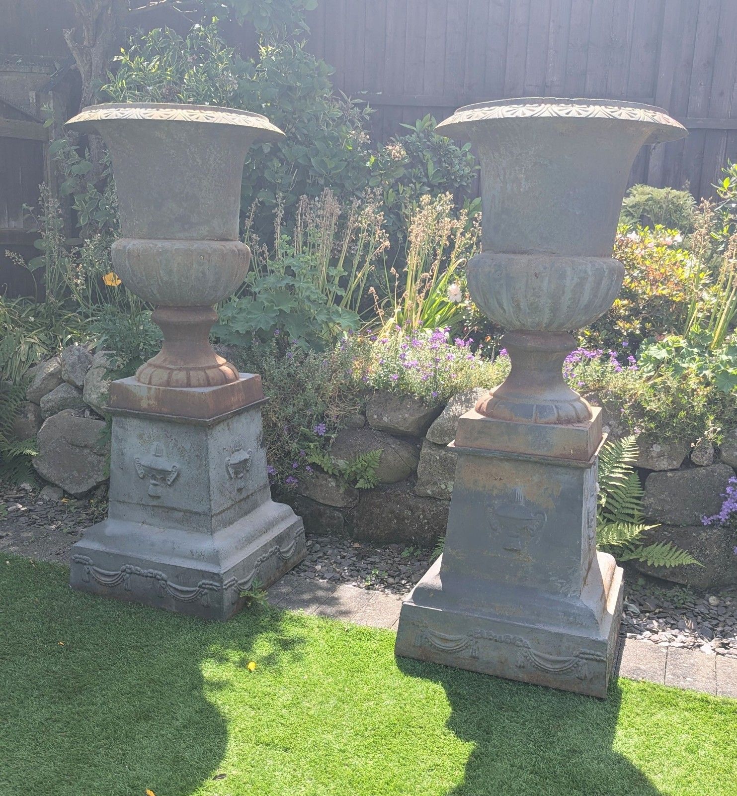 Huge 19th Century Style Cast Iron Campana Urns & Bases Delivery  Available 0338. photo for sale