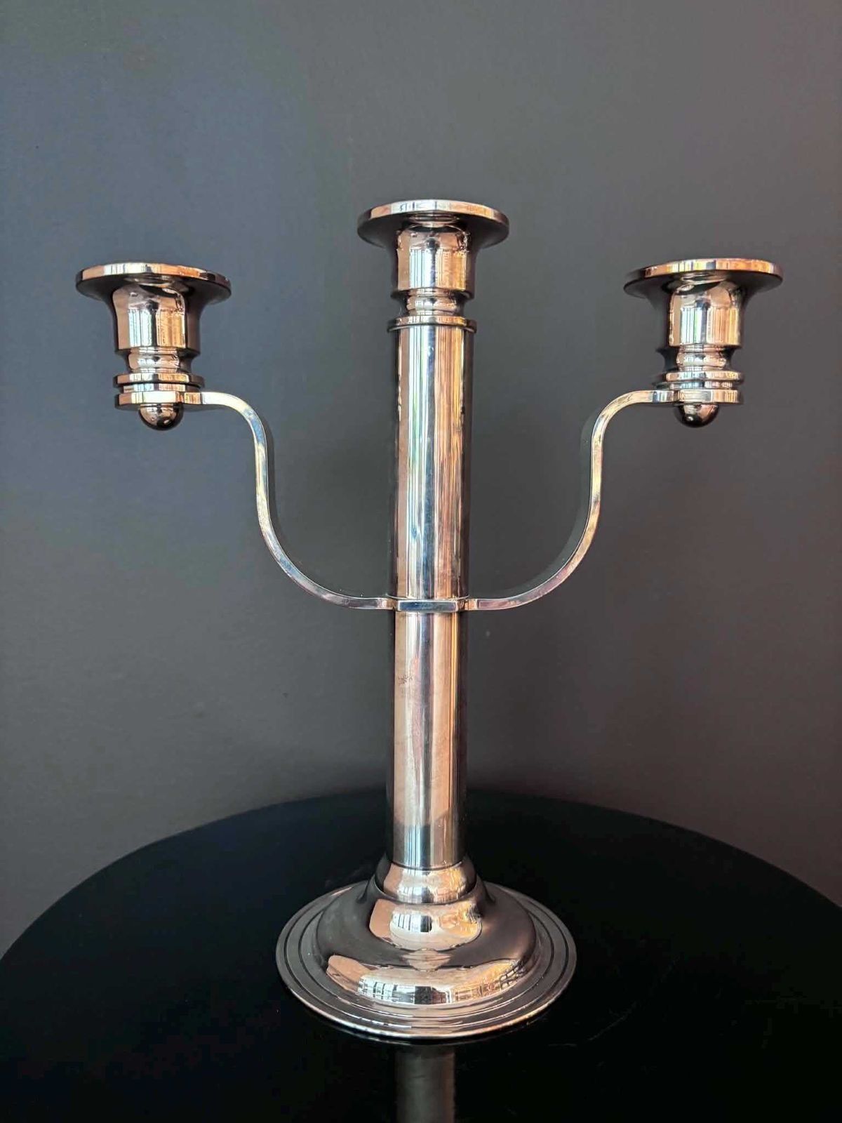 Vintage Maestri Italy Silver Plated 3 Light Candelabra, Art Deco Style Silverplate On Brass Candle Holder, Italian Table Decor photo for sale