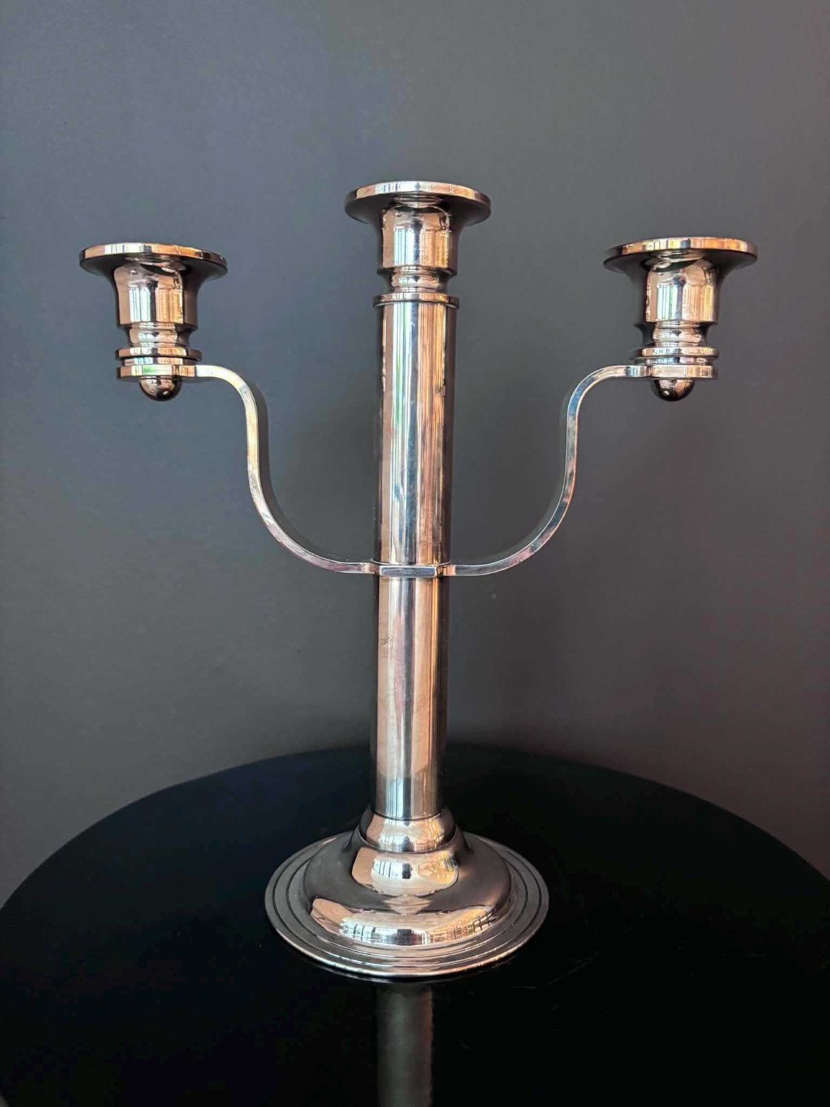 photo furniture Vintage Maestri Italy Silver Plated 3 Light Candelabra, Art Deco Style Silverplate On Brass Candle Holder, Italian Table Decor