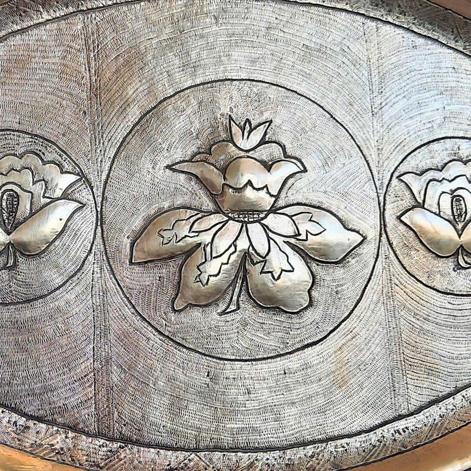 Antique Indian Hand Crafted Brass Decorative Tray With Embossed Lotus Flowers C Late 1800's. photo furniture