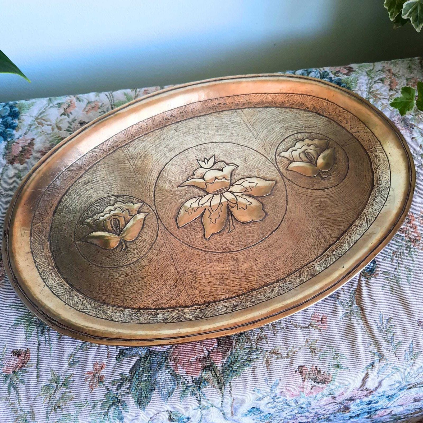 Antique Indian Hand Crafted Brass Decorative Tray With Embossed Lotus Flowers C Late 1800's. photo for sale
