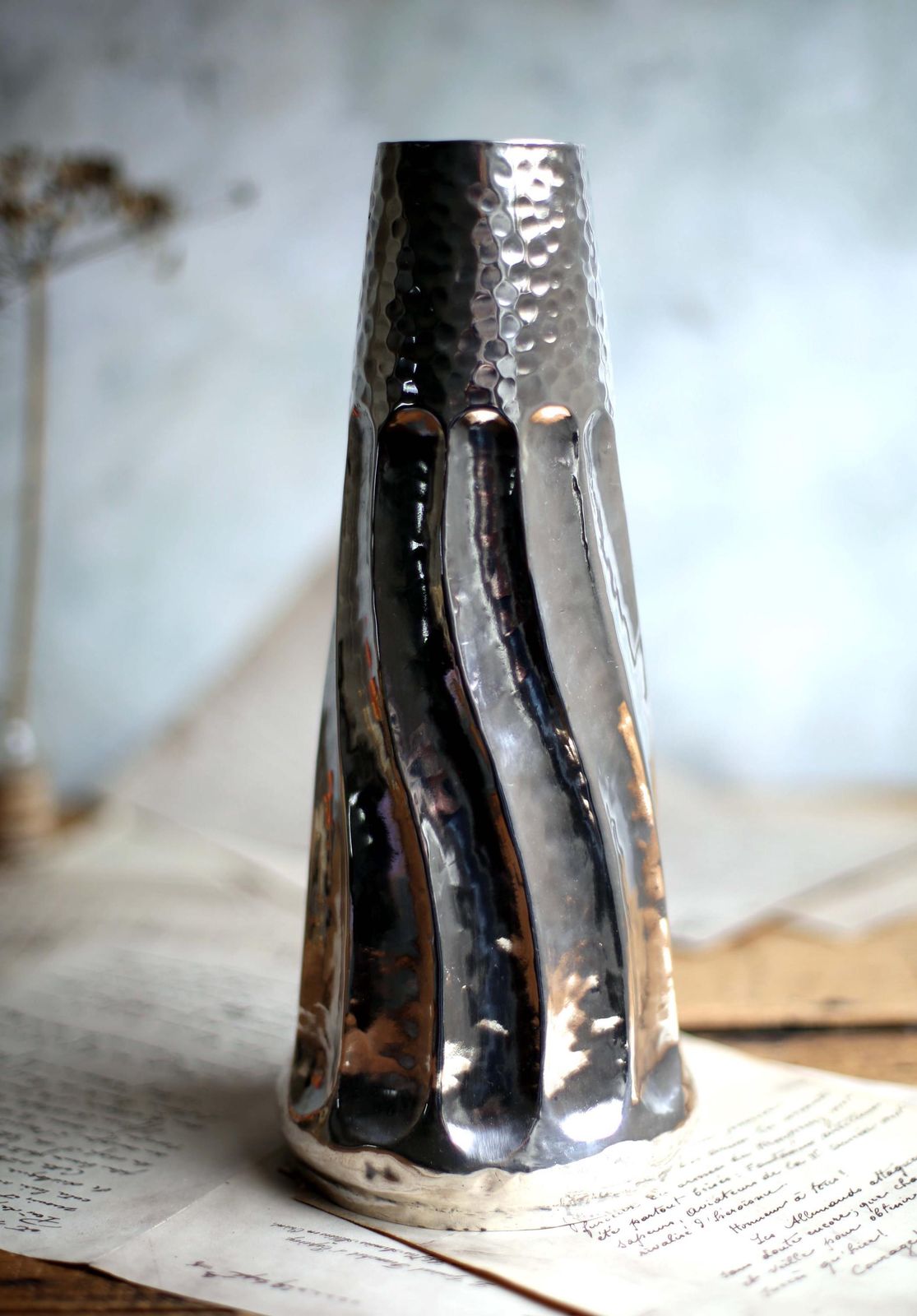 Vintage Twist Tapered Vase Hand Hammered Silver Metal photo Home Decor