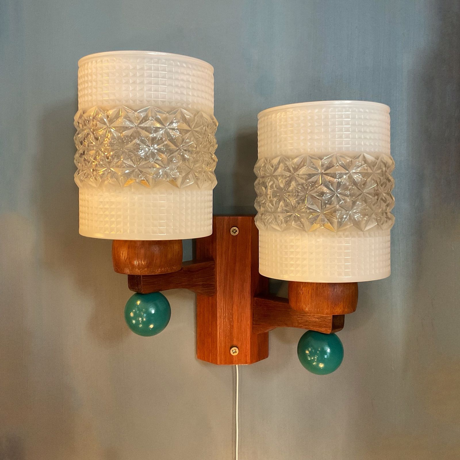 A Pair Of Mid Century Modern Dual Stem Teak Wall Lamps photo for sale