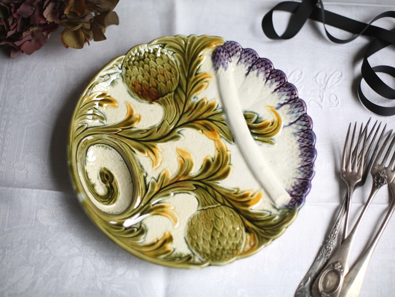Antique Artichoke Plate Majolica French Asparagus Barbotine Serving Dish Orchies photo Home Decor