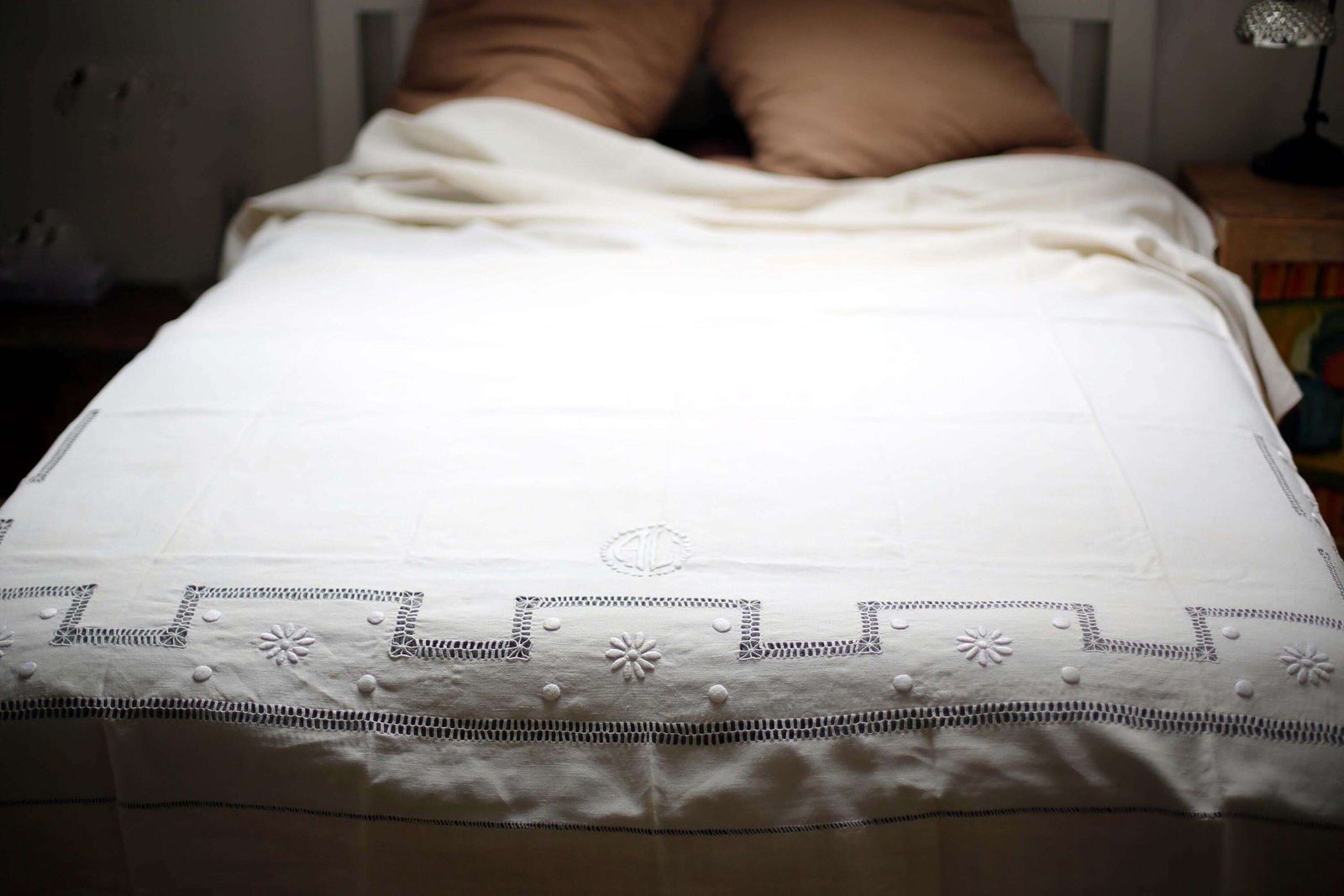 Large Antique French Bed Sheet White Metis Monogrammed Homespun Hand Embroidered Loomed Fabric Ac Double