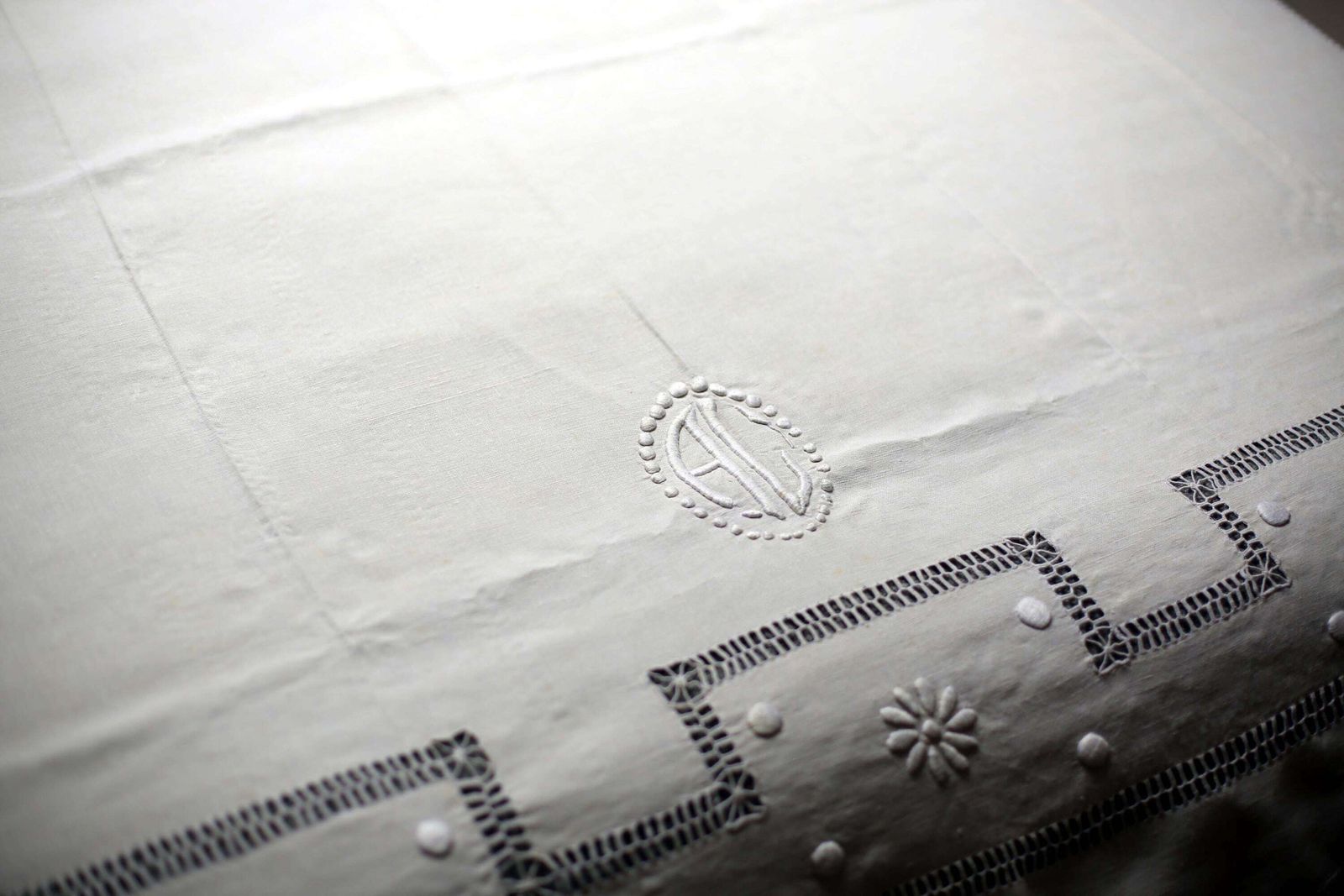 Large Antique French Bed Sheet White Metis Monogrammed Homespun Hand Embroidered Loomed Fabric Ac Double photo for sale