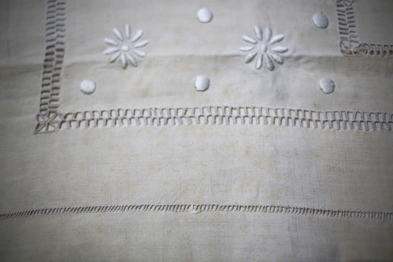 135.0 Large Antique French Bed Sheet White Metis Monogrammed Homespun Hand Embroidered Loomed Fabric Ac Double photo