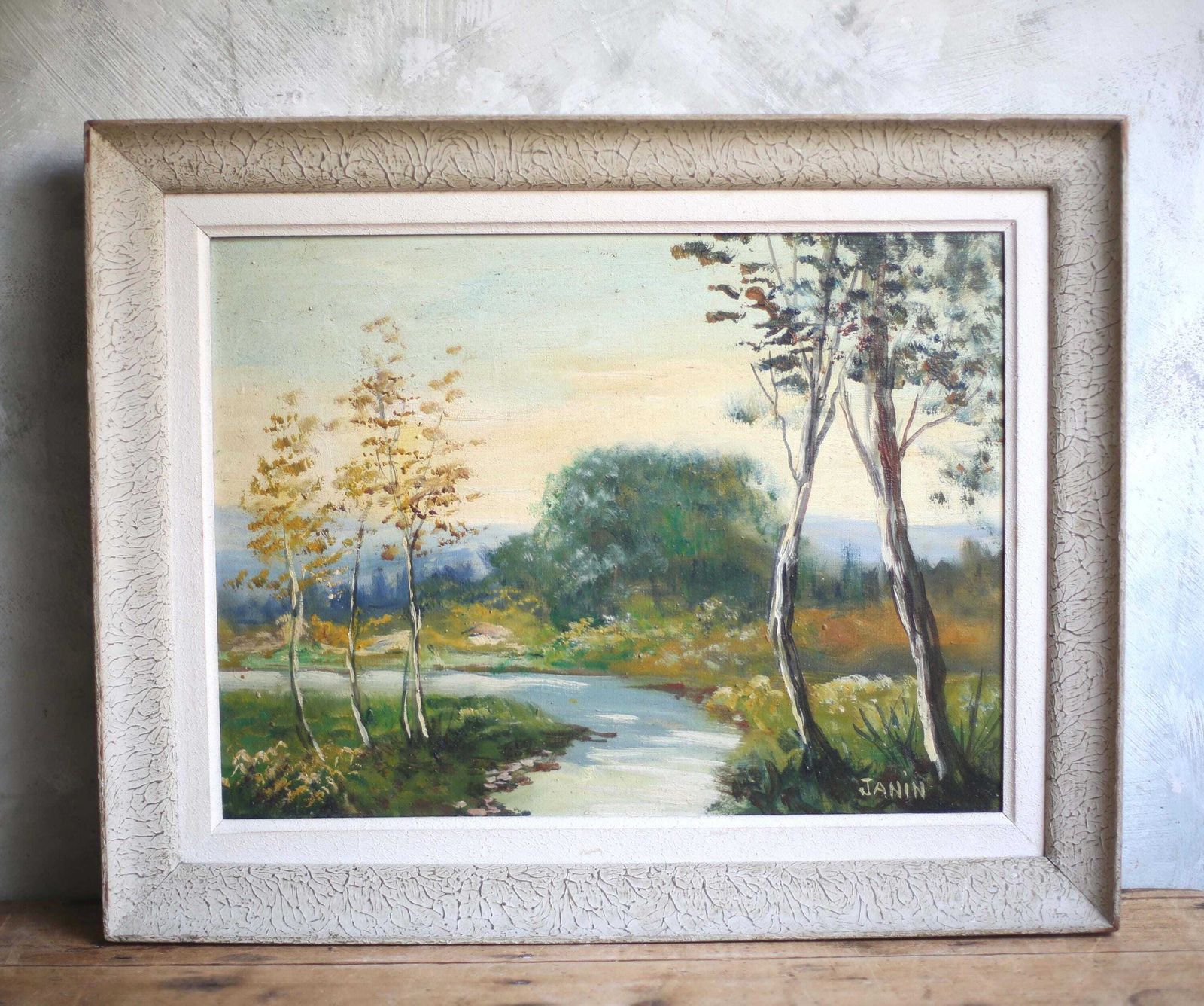 Antique Landscape Oil Painting Impressionist Impasto Framed River View French Framed Janin photo for sale