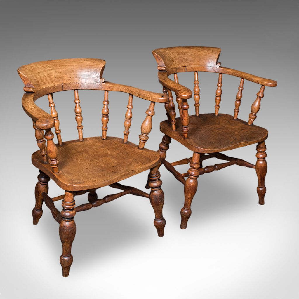 Pair Of Antique Country House Captain's Chairs, English, Smoker's Bow, Victorian.