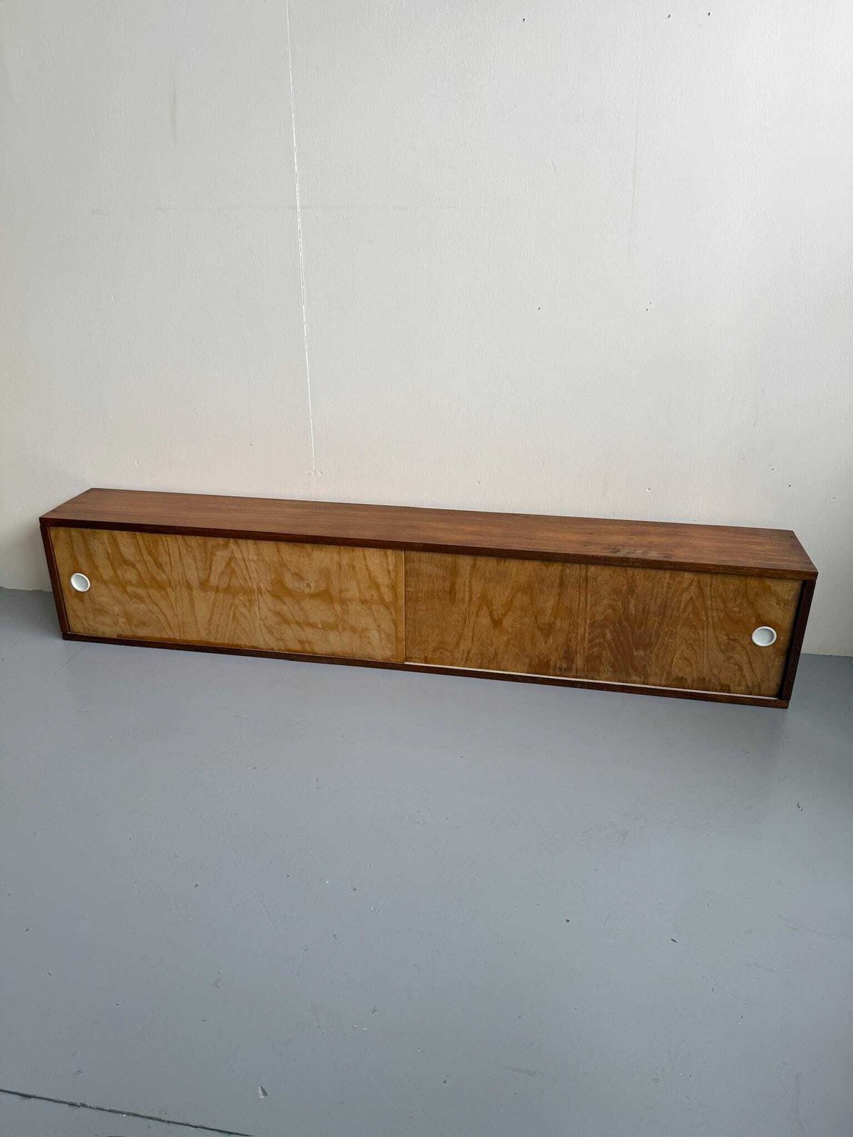 Handmade Mid Century Long Slim Cabinet Or Bookcase Wall Hung Ply Shelving.