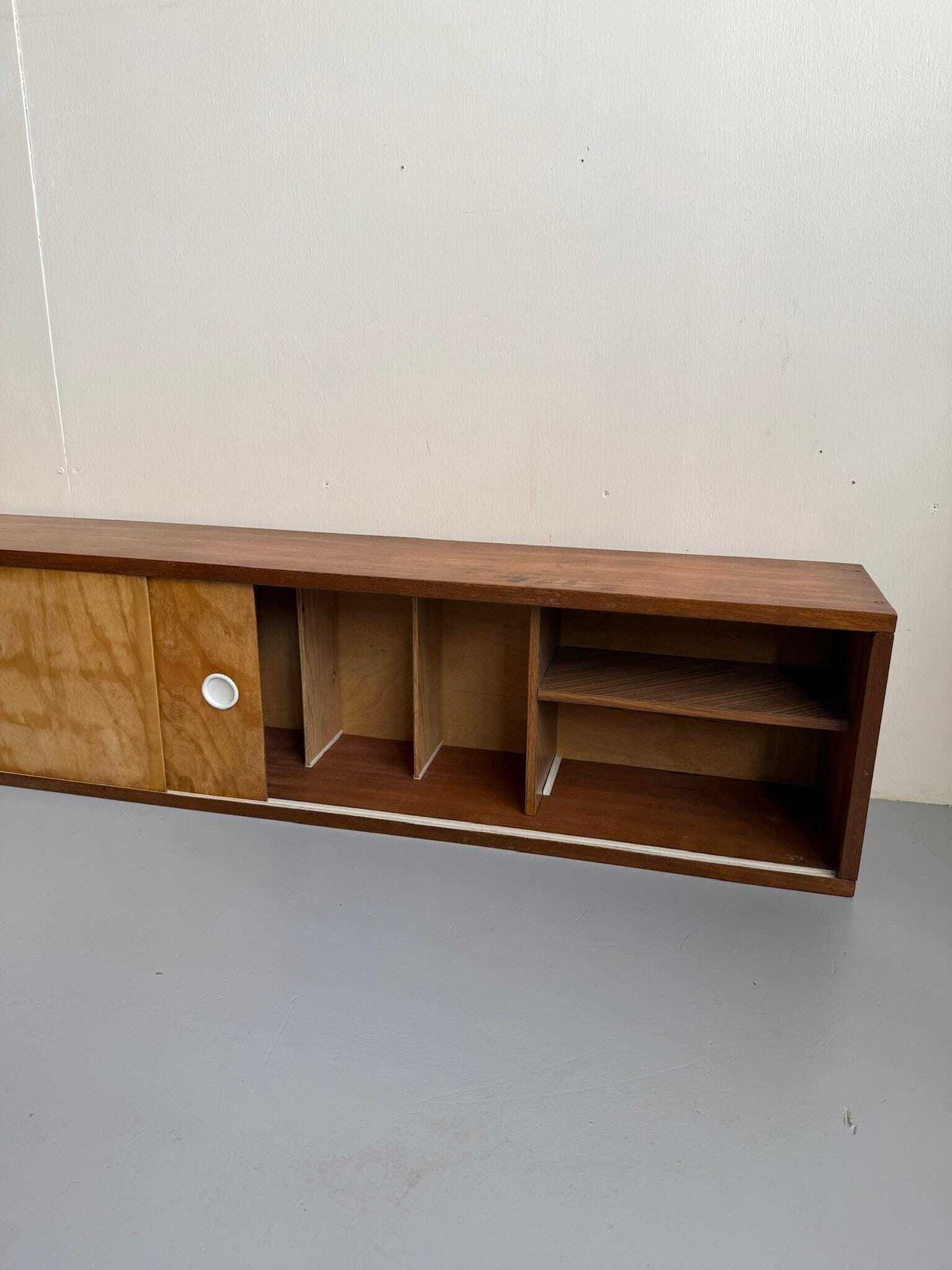Handmade Mid Century Long Slim Cabinet Or Bookcase Wall Hung Ply Shelving. photo 175.0