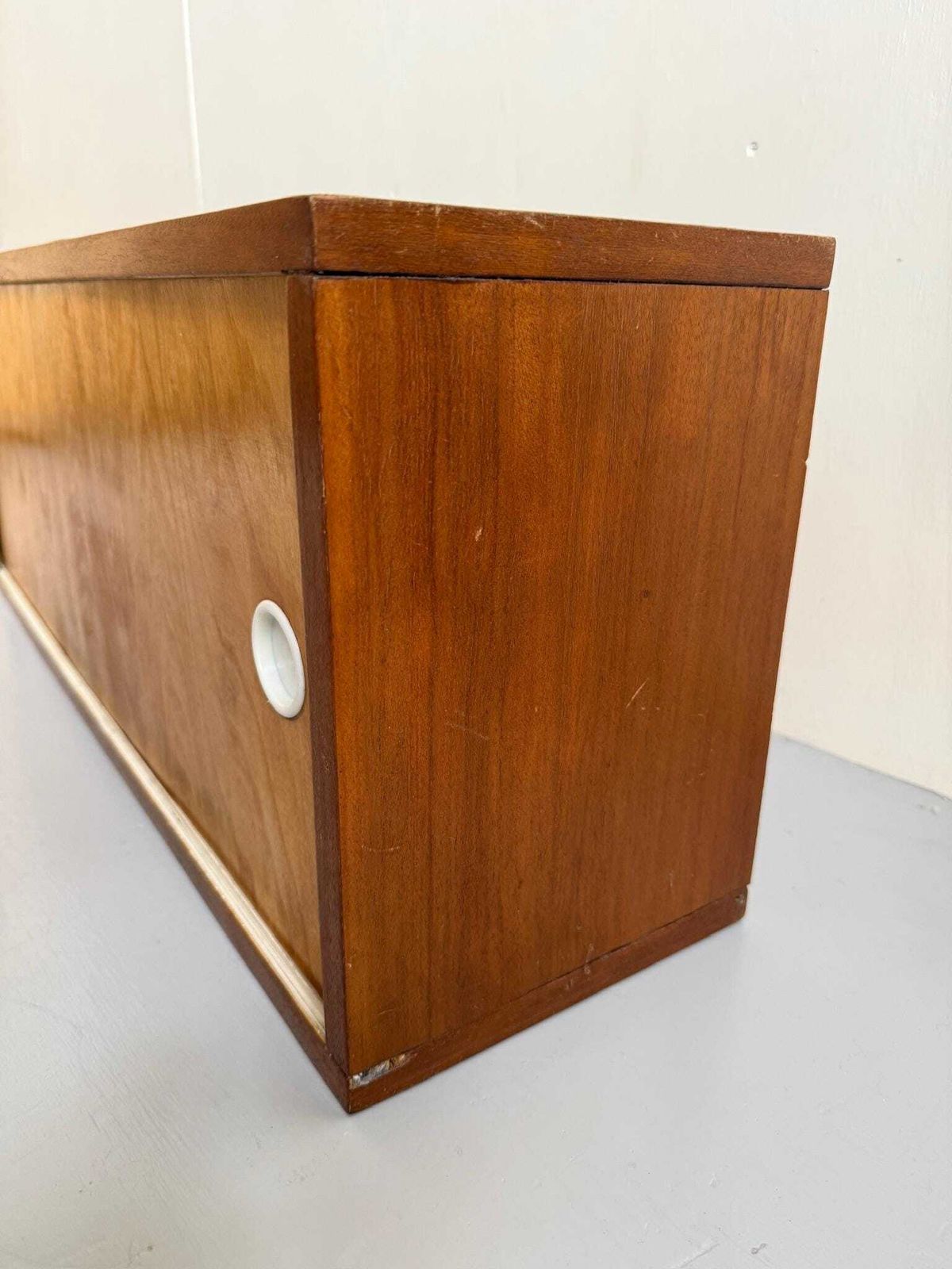 Handmade Mid Century Long Slim Cabinet Or Bookcase Wall Hung Ply Shelving. photo vinterior