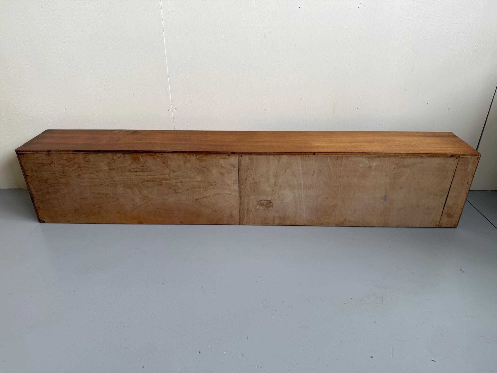 Handmade Mid Century Long Slim Cabinet Or Bookcase Wall Hung Ply Shelving. photo vintage