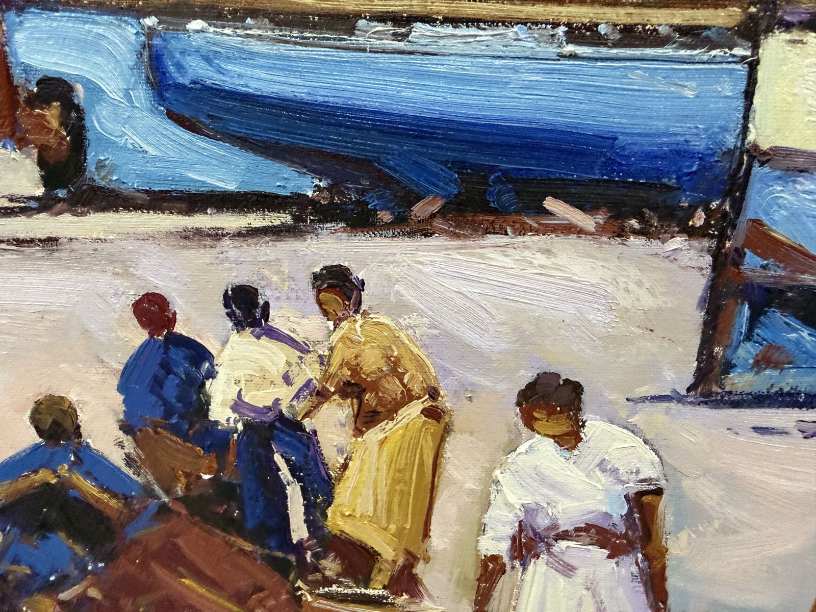 Juan Casellas Mediterranean Harbor Scene With Boats And Figures Spanish Oil Canvas Painting 1990s photo Art