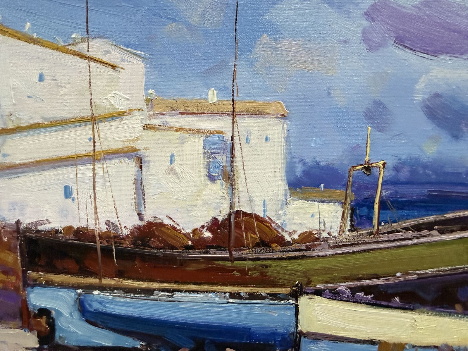 Juan Casellas Mediterranean Harbor Scene With Boats And Figures Spanish Oil Canvas Painting 1990s photo vinterior