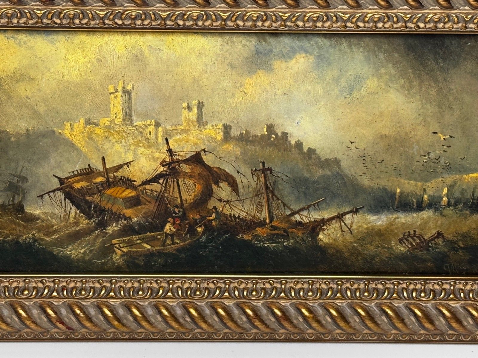 Marine Painting Wreck Off Dunstanburgh Castle Signed By Claude Thomas Stanfield Moore photo Art