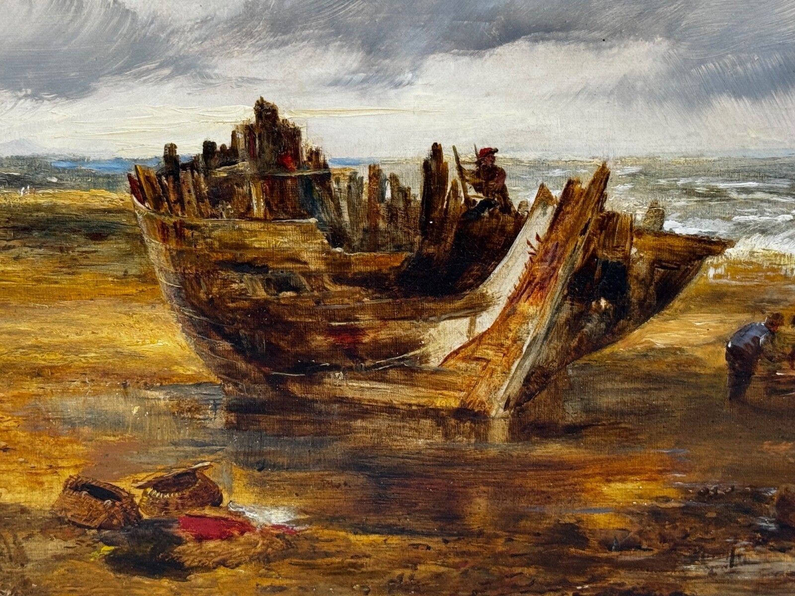 photo for sale 19th Century Oil Painting Ships Hulk Wreck Moreton Beach Wirral Historic Leasowe Lighthouse By William Joseph Julius Caesar Bond