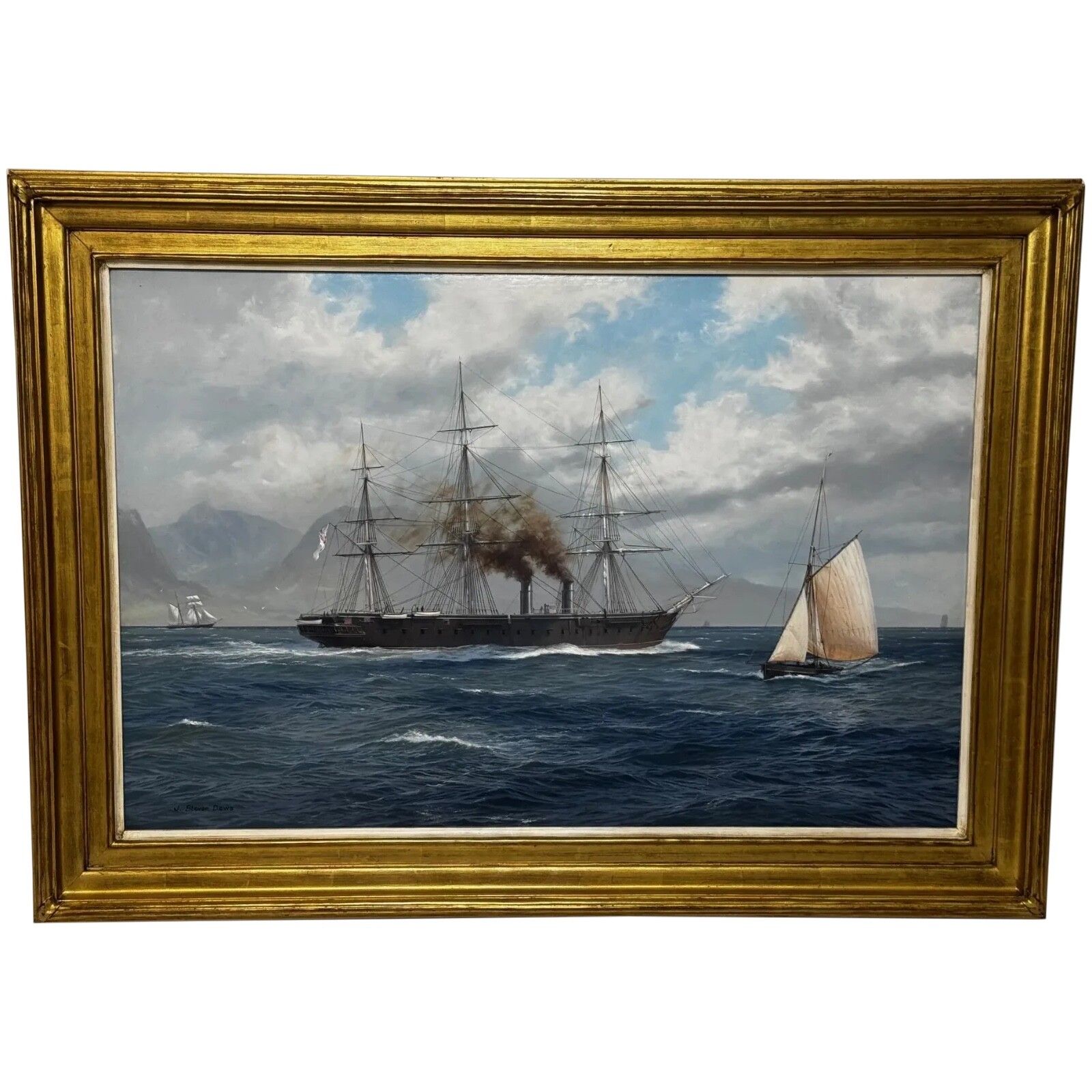Groot Marien Olieschilderij HMS Warrior First Ironclad Ship, Gesigneerd door John Steven Dews