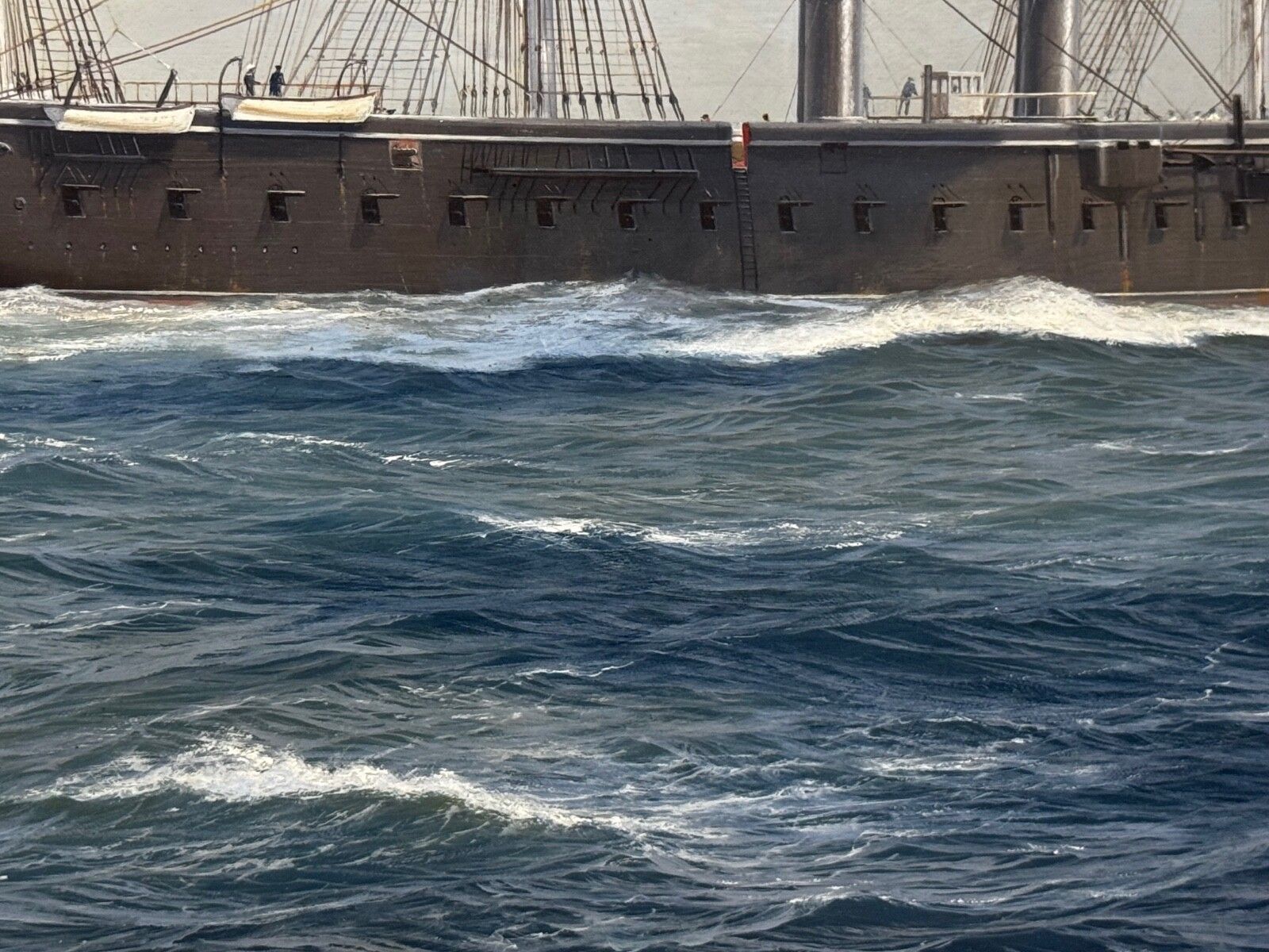 38000.0 Groot Marien Olieschilderij HMS Warrior First Ironclad Ship, Gesigneerd door John Steven Dews photo