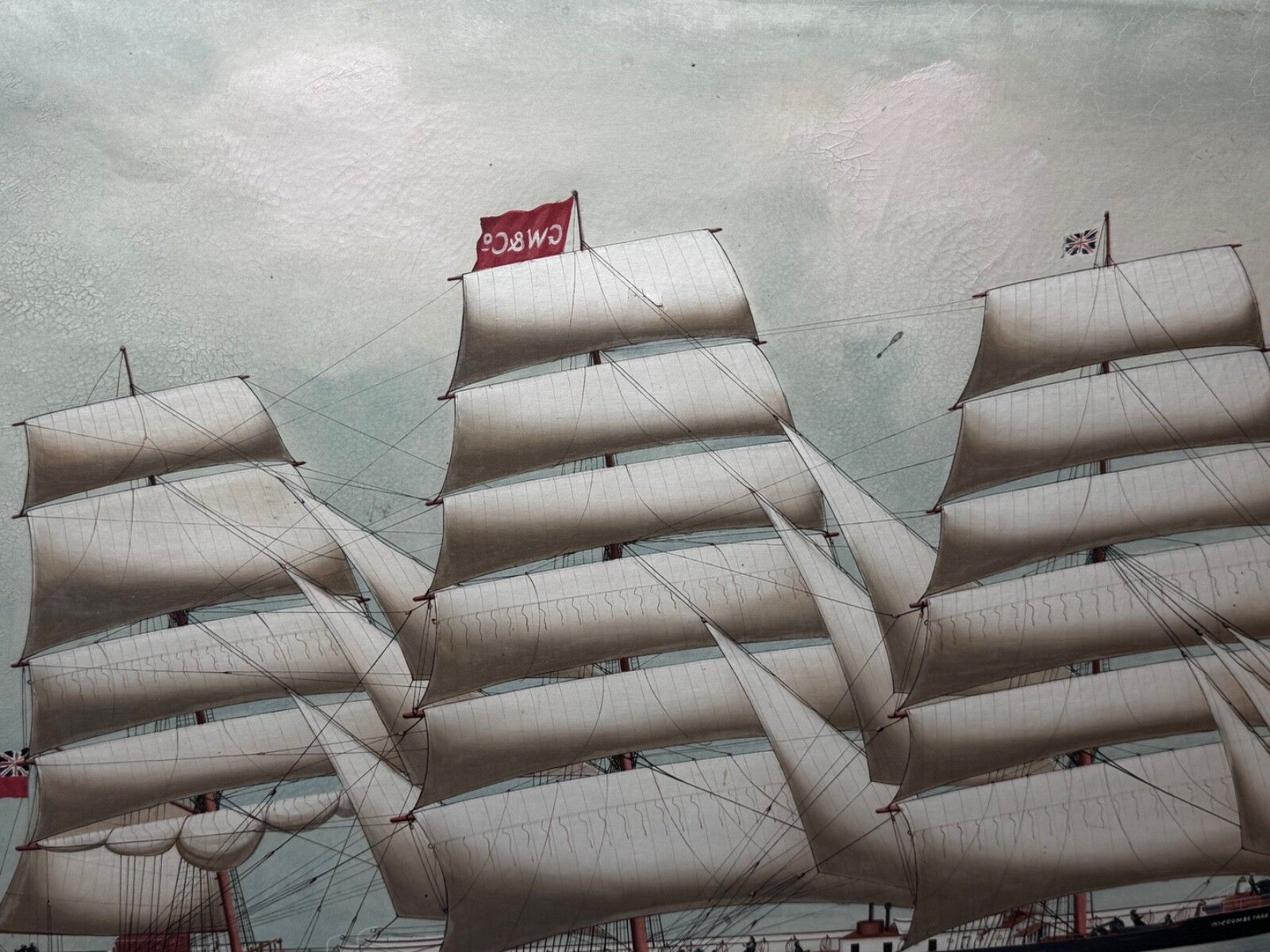 Maritiem olieschilderij 19e eeuw, Wiscombe Park, schip op weg naar Australië, John Blumer & Co photo vintage