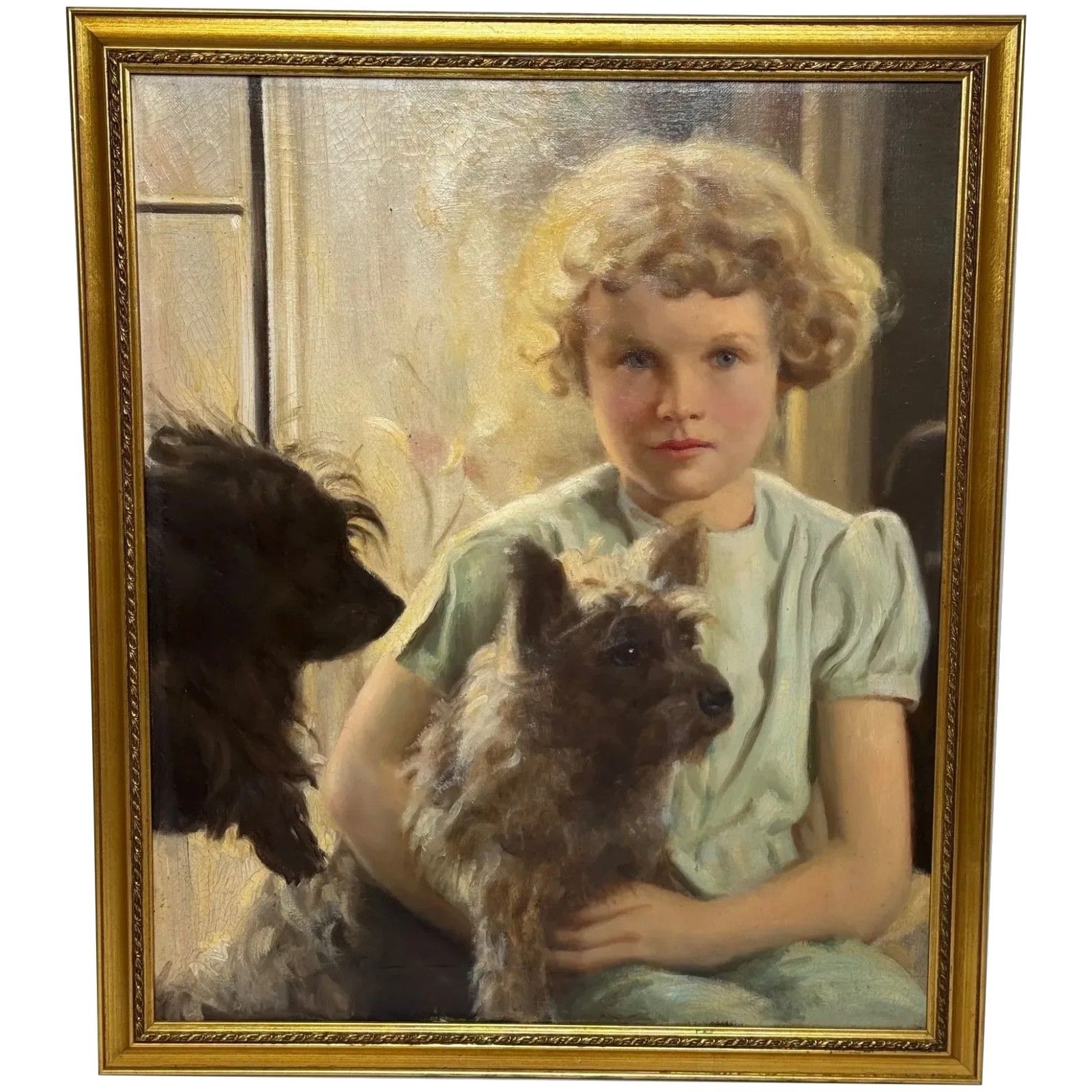 Mid-Century Olieverf Portret Mary met Cairn Terriers in de Stijl van Sir Harrington Mann