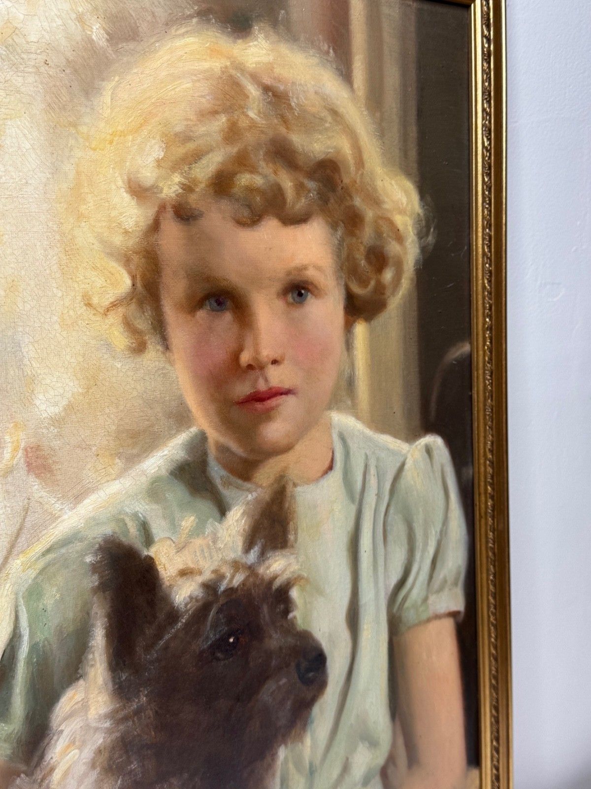 Mid-Century Olieverf Portret Mary met Cairn Terriers in de Stijl van Sir Harrington Mann photo vinterior