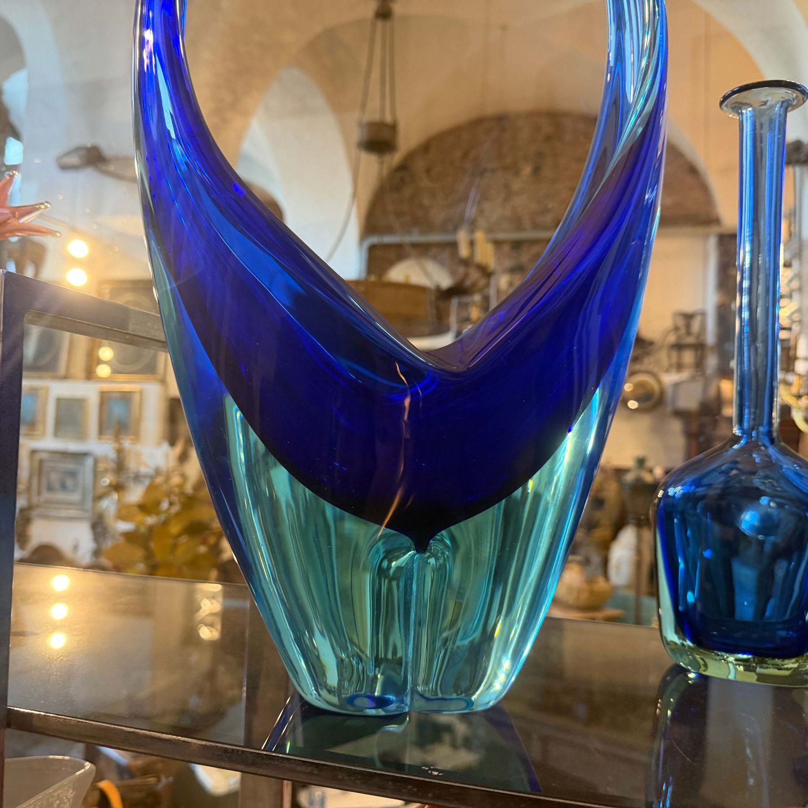 1960s Blue And Turquoise Heavy Murano Glass Huge Centerpiece By Flavio Poli photo for sale