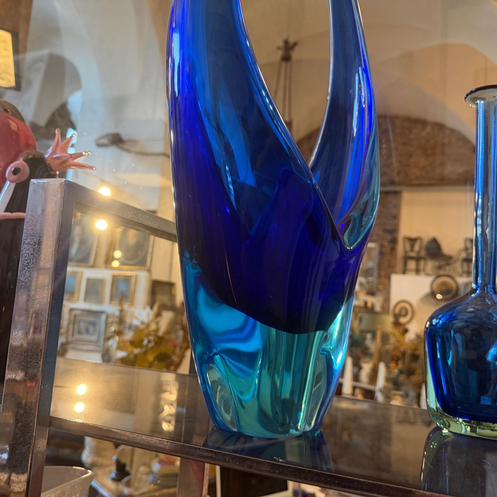 photo furniture 1960s Blue And Turquoise Heavy Murano Glass Huge Centerpiece By Flavio Poli