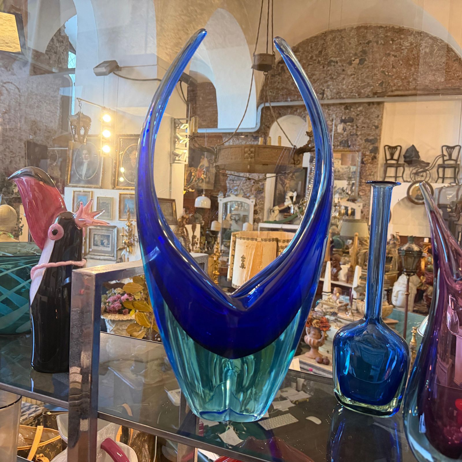 Home Decor 1960s Blue And Turquoise Heavy Murano Glass Huge Centerpiece By Flavio Poli photo