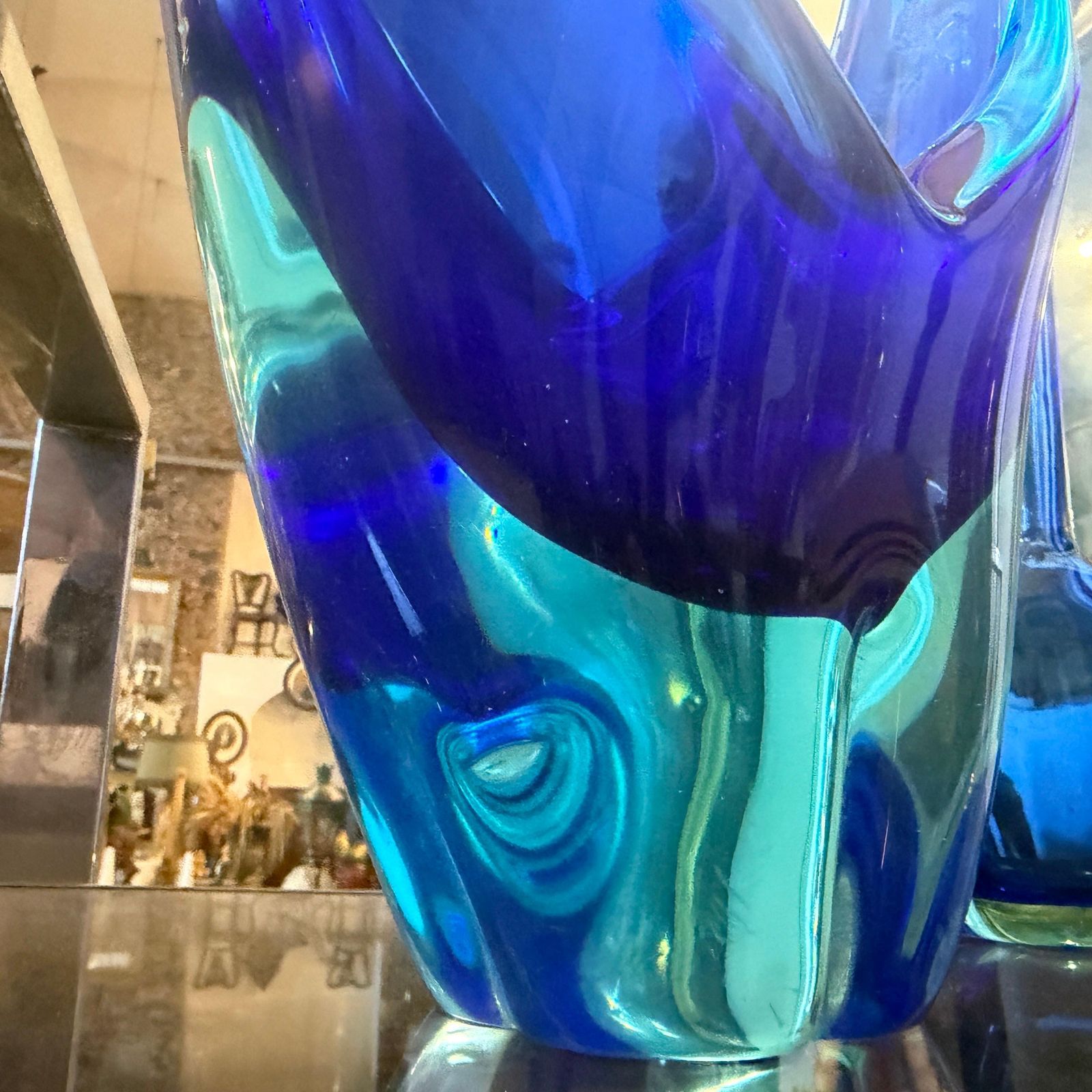 photo vinterior 1960s Blue And Turquoise Heavy Murano Glass Huge Centerpiece By Flavio Poli