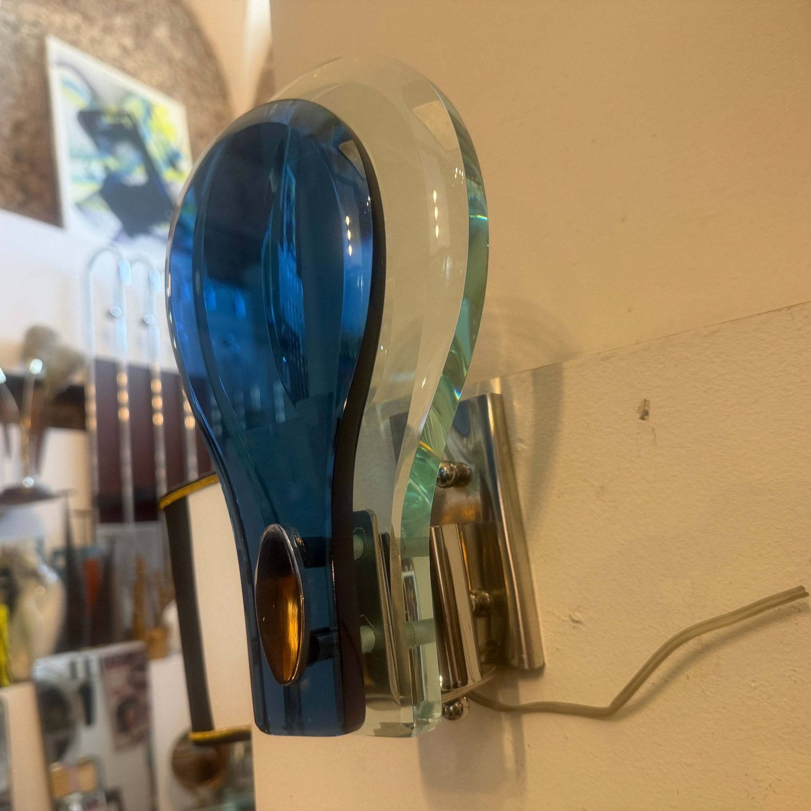 Two 1960s. Space Age Steel And Blue And Verde Nilo Glass Wall Sconces By Veca photo furniture