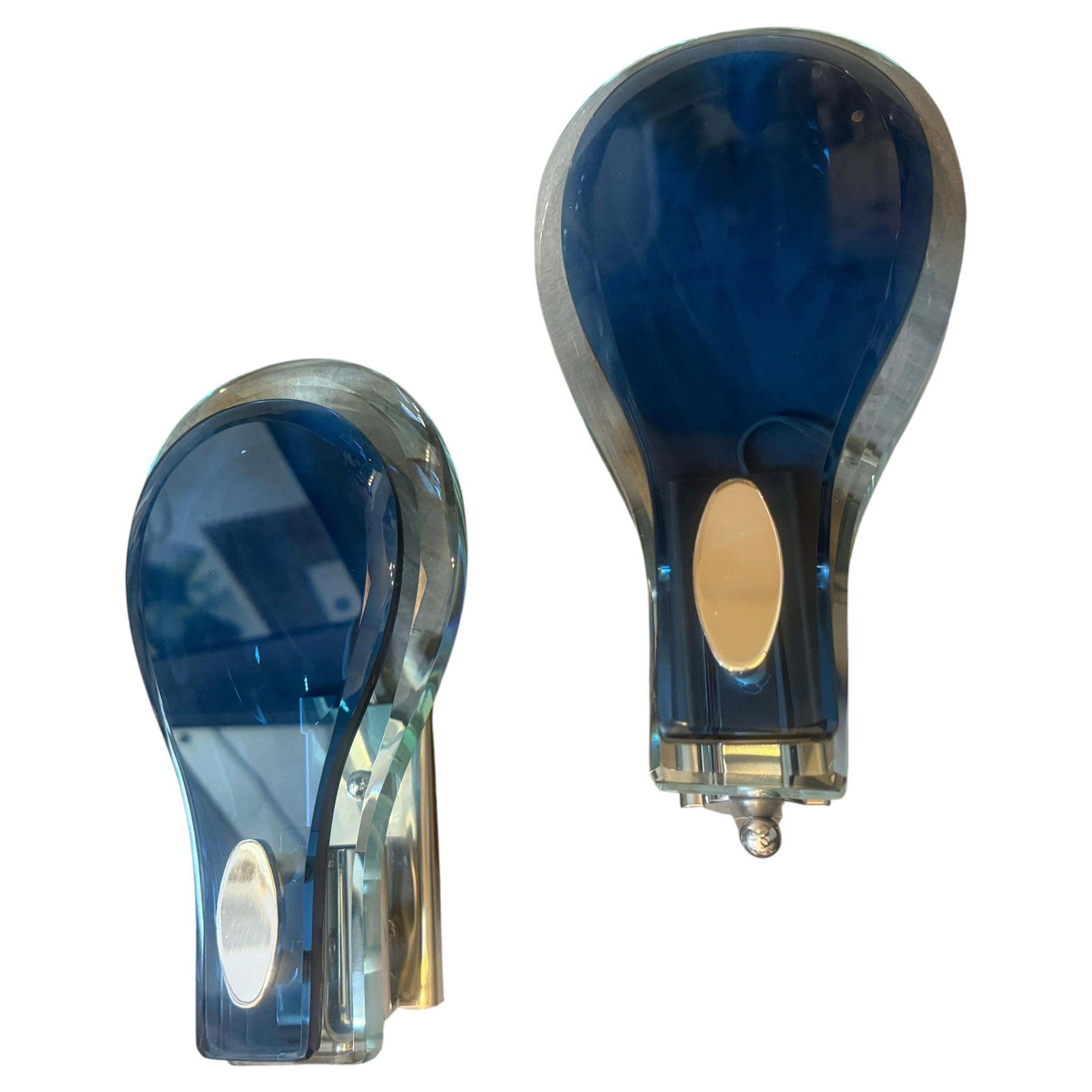 Two 1960s. Space Age Steel And Blue And Verde Nilo Glass Wall Sconces By Veca photo for sale