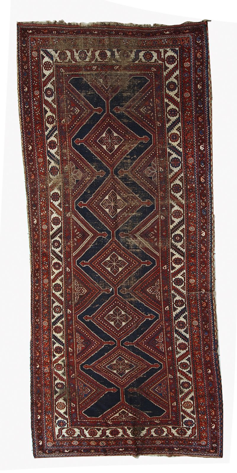 Tapis tribal en laine, fait main, patiné d'époque - 4'9" × 11'2" - années 1900