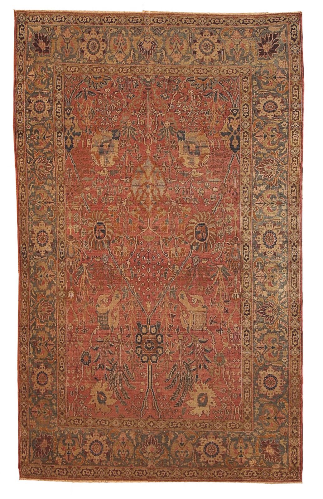 Handgemaakt antiek Indiaas wollen tapijt met tuinmotief — 176 × 268 cm — jaren 1880