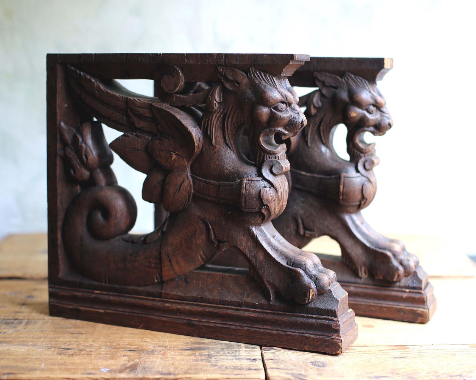 Antique Carved Oak Griffin Shelf Supports Large Bookends Pair Of Gothic Revival Architectural Corbels