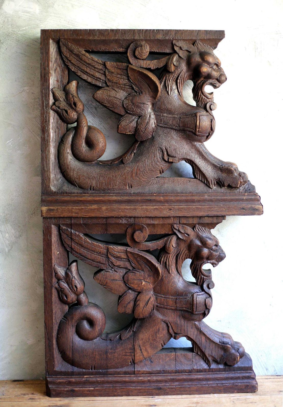 Antique Carved Oak Griffin Shelf Supports Large Bookends Pair Of Gothic Revival Architectural Corbels photo furniture