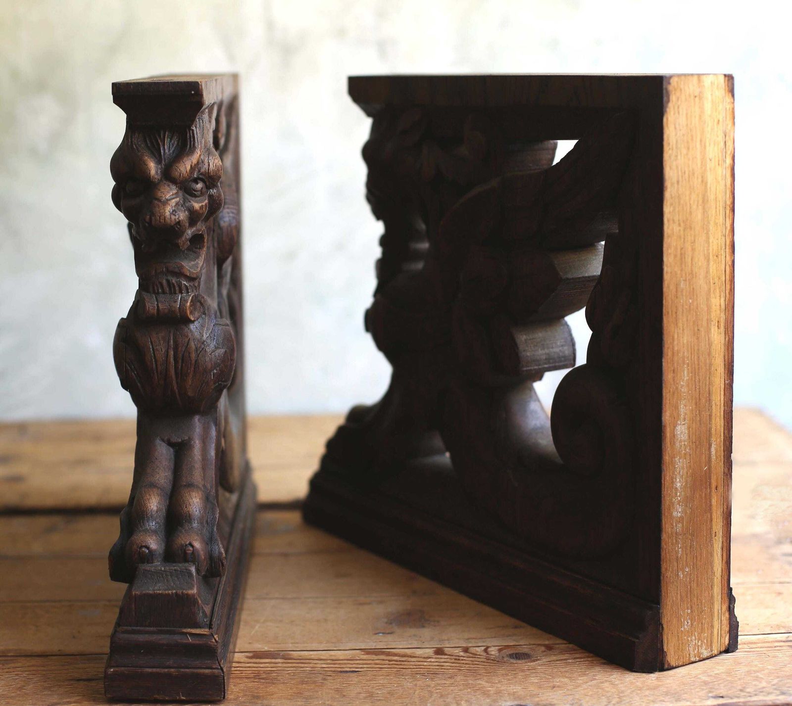 Antique Carved Oak Griffin Shelf Supports Large Bookends Pair Of Gothic Revival Architectural Corbels photo vinterior