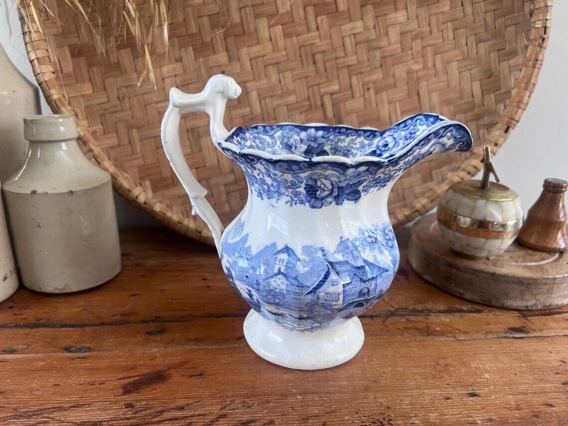 Antique Minton Genovese Blue And White Pitcher With Dog Handle Rare 19th Century Staffordshire Transferware Jug With Flaws English Farmhouse photo for sale