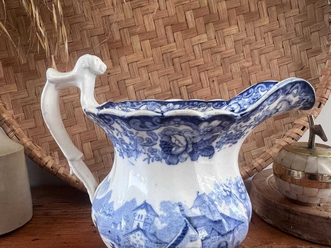 photo furniture Antique Minton Genovese Blue And White Pitcher With Dog Handle Rare 19th Century Staffordshire Transferware Jug With Flaws English Farmhouse