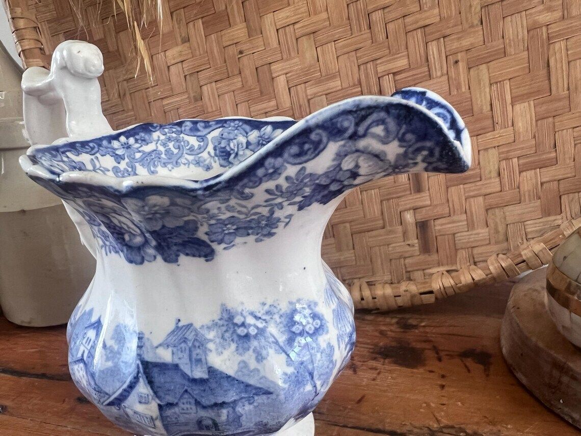 photo vinterior Antique Minton Genovese Blue And White Pitcher With Dog Handle Rare 19th Century Staffordshire Transferware Jug With Flaws English Farmhouse