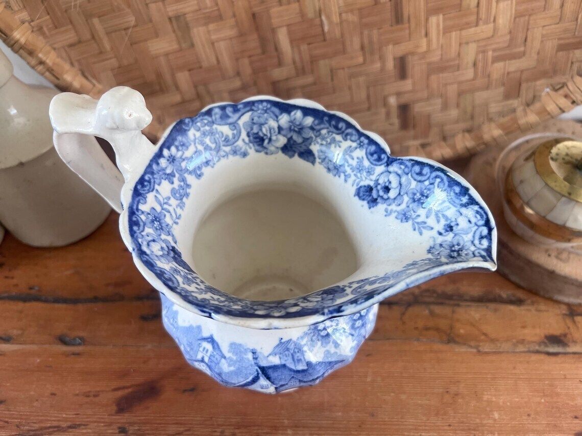 photo vintage Antique Minton Genovese Blue And White Pitcher With Dog Handle Rare 19th Century Staffordshire Transferware Jug With Flaws English Farmhouse