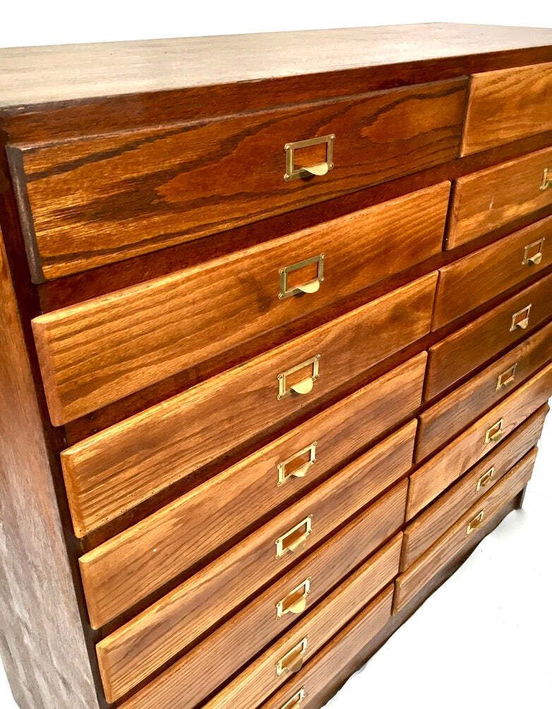 Antique Large Wooden Oak Office Double Filing Drawer Storage Cabinet Sideboard. photo vinterior