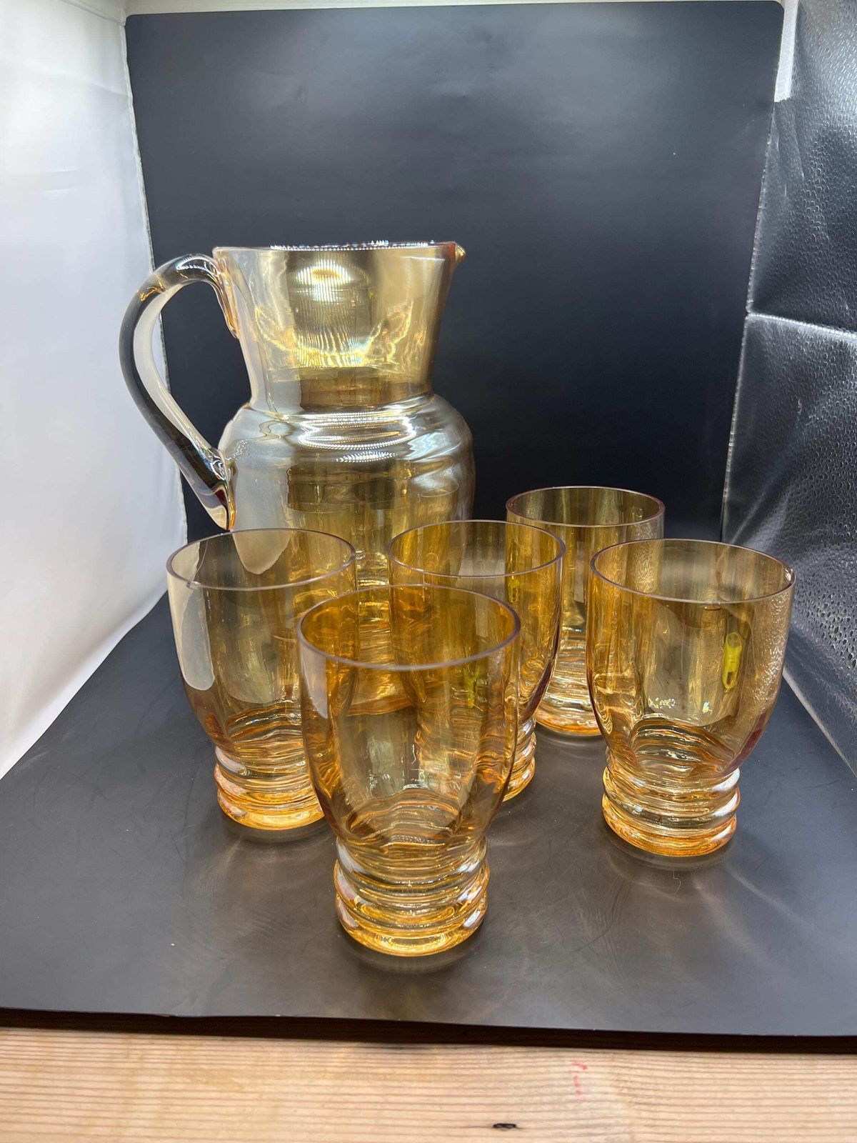 Vintage Amber Glass Lemonade Set. Jug And 5 Glasses. Retro Barware Gift For Host. Iridescent Glass Lover Gift.