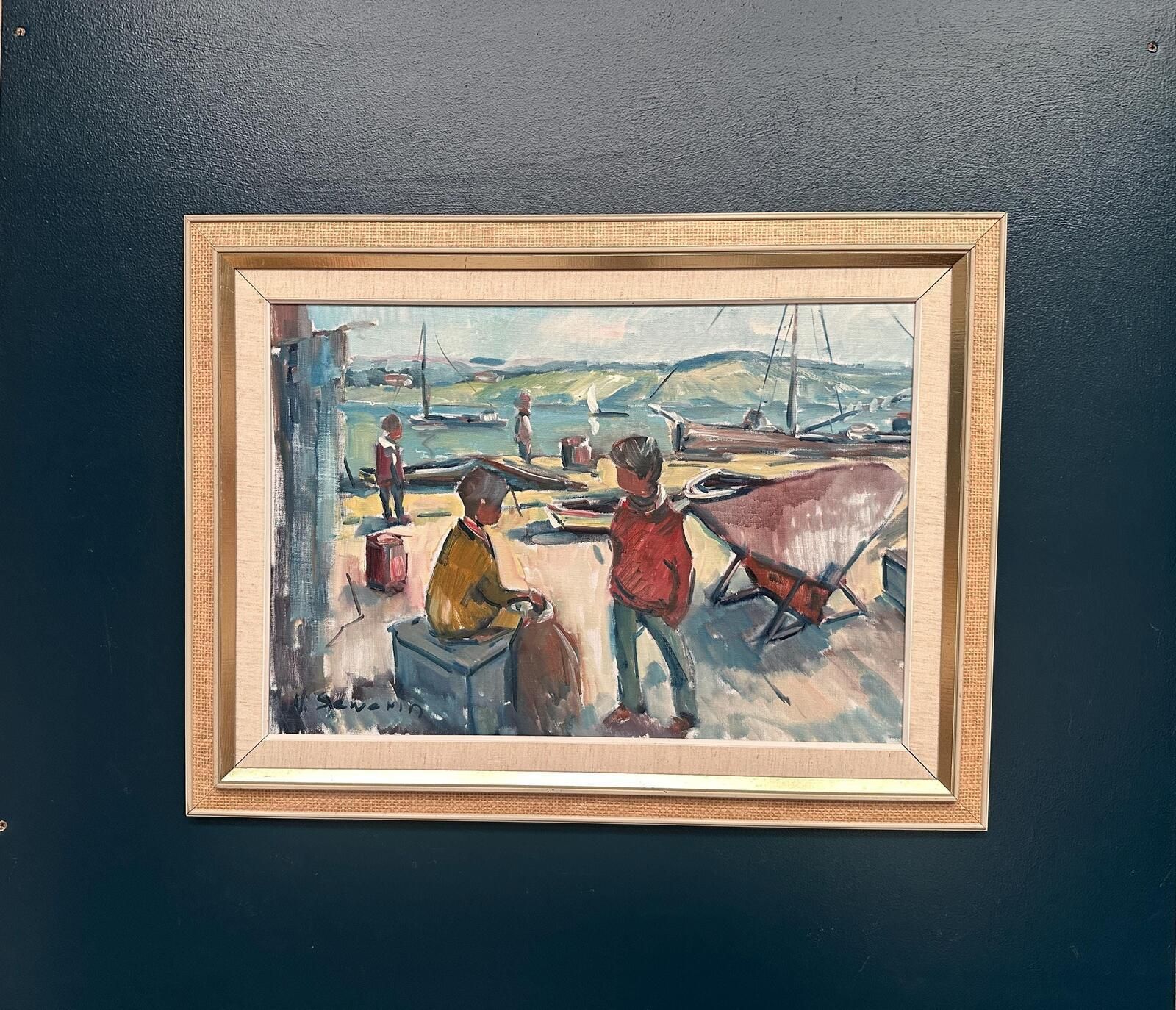 photo vintage “Harbour” By Nils Sewerin Oil On Canvas Painting.